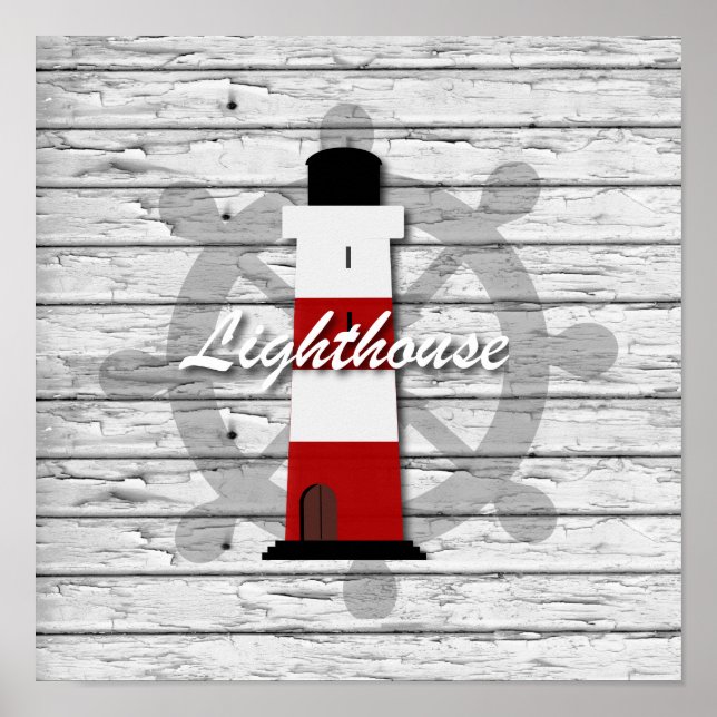 Rustic Nautical  Lighthouse On Gray Weathered Wood Poster (Front)