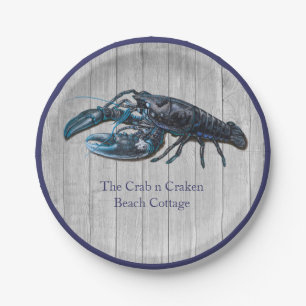 Rustic Nautical Navy lobster Coastal Grey wood Paper Plate