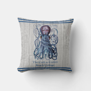 Rustic Nautical Navy Octopus Coastal Grey wood Cushion