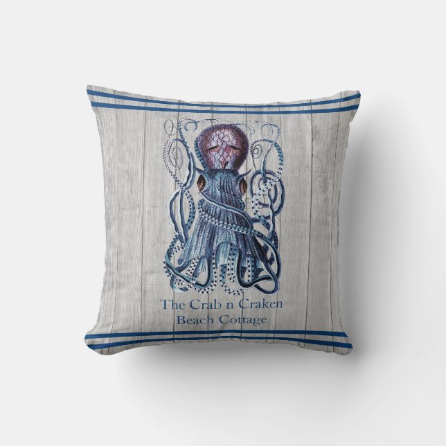 Rustic Nautical Navy Octopus Coastal Grey wood Cushion (Front)