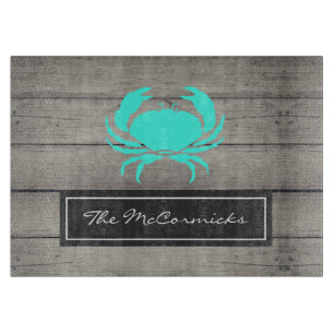 Rustic Nautical Teal Blue Crab Monogram Name Cutting Board