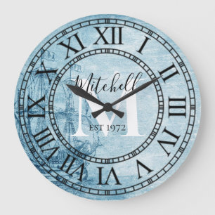 Rustic Nautical Vintage Ship Monogram Family Name Large Clock