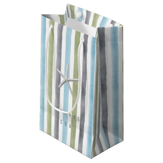 Rustic nautical watercolor stripes thanks monogram small gift bag (Front Angled)