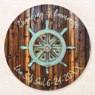 Rustic Nautical Wedding or Engagement Round Paper Coaster