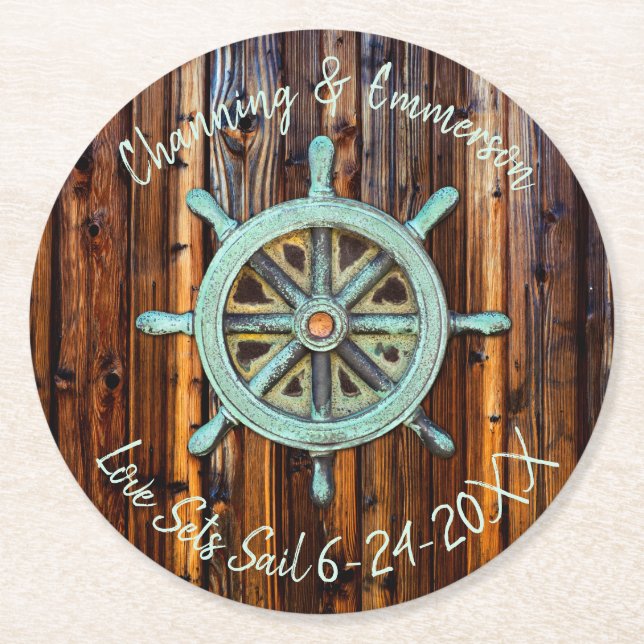 Rustic Nautical Wedding or Engagement Round Paper Coaster (Front)