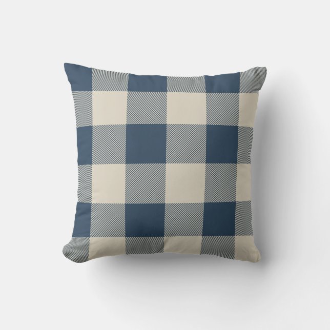 Rustic Navy and Beige Buffalo Check Plaid Outdoor Cushion (Front)