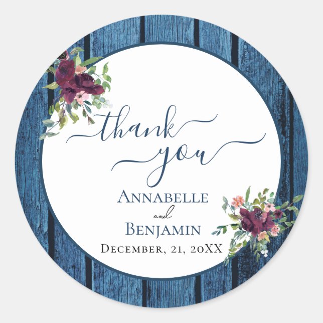 Rustic Navy and Burgundy Floral Wedding Thank You Classic Round Sticker (Front)