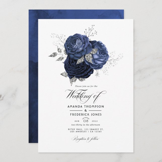 Rustic Navy and Faux Glitter Silver Floral Wedding Invitation (Front/Back)