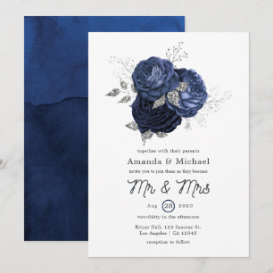 Rustic Navy and Faux Glitter Silver Floral Wedding Invitation