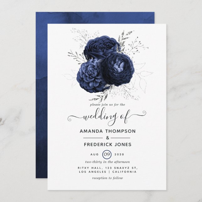 Rustic Navy and Faux Glitter Silver Floral Wedding Invitation (Front/Back)