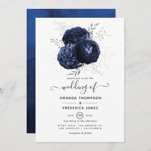Rustic Navy and Faux Glitter Silver Floral Wedding Invitation
