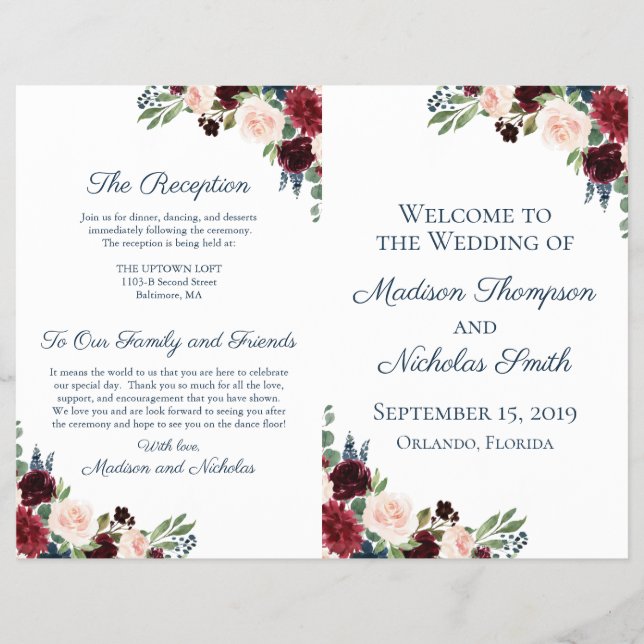 Rustic Navy and Marsala Floral Wedding Programs Flyer (Front)