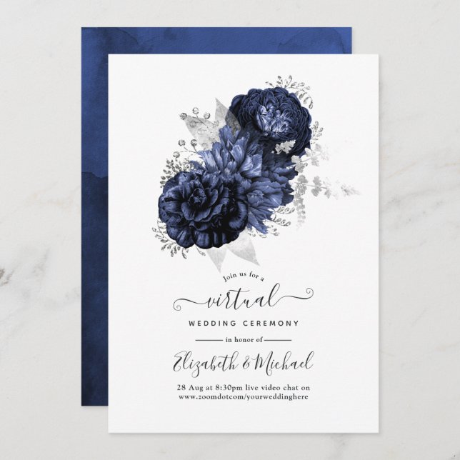 Rustic Navy and Silver Floral Virtual Wedding Invitation (Front/Back)