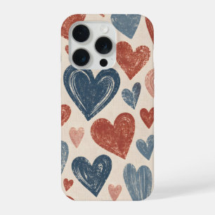 Rustic Navy and Terracotta Hearts on Cream iPhone 15 Pro Case