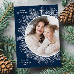 Rustic Navy and White Pinecones Photo Holiday Card