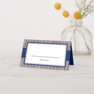 Rustic Navy and Wood Folded Tent Place Card