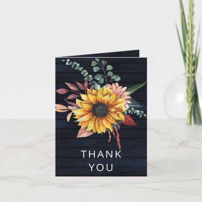 Rustic Navy Barn Wood Country Sunflowers Thank You Invitation (Front)