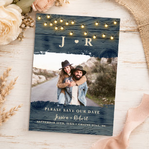 Rustic Navy Barn Wood Monogram Photo Save the Date Invitation