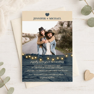 Rustic Navy Barn Wood String Lights Photo Wedding Invitation
