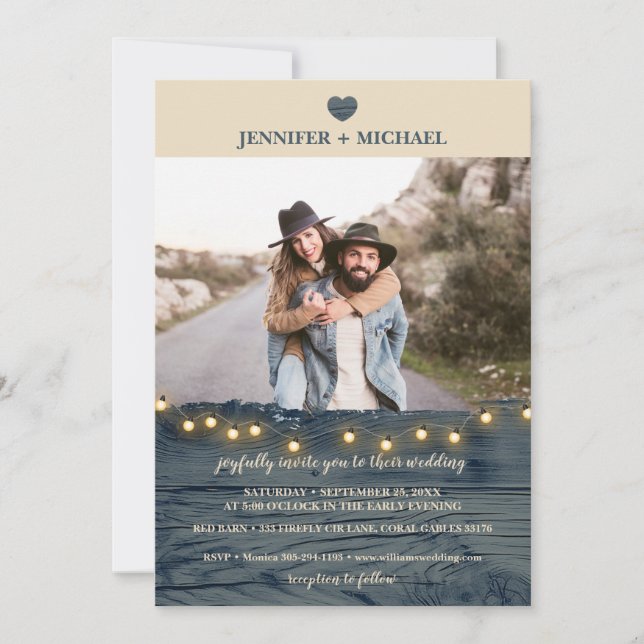 Rustic Navy Barn Wood Wedding Photo Invitation (Front)