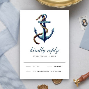 Rustic Navy Blue Anchor Rope Nautical Wedding RSVP Card