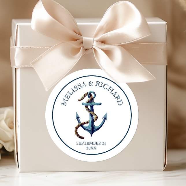 Rustic Navy Blue Anchor Wedding Classic Round Sticker (Creator Uploaded)