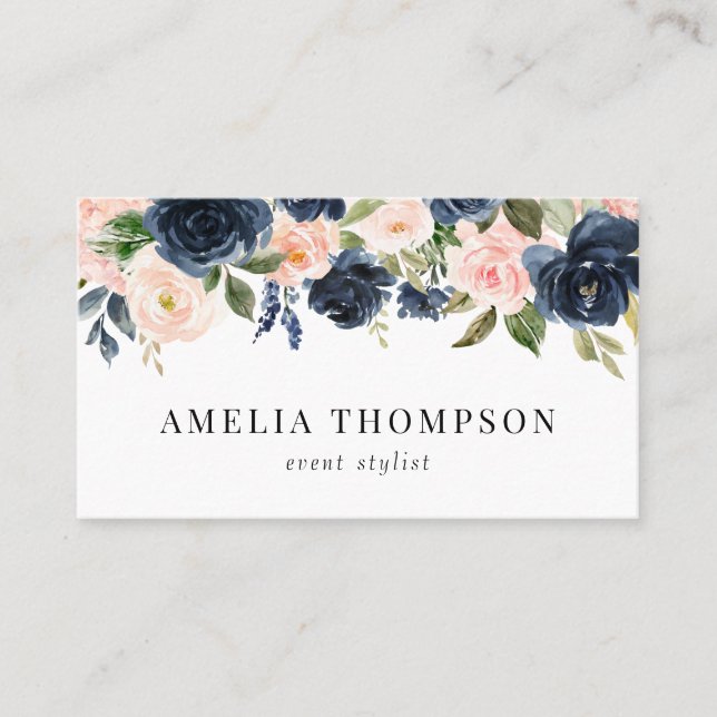 Rustic Navy Blue and Blush Roses Floral Garland Business Card (Front)