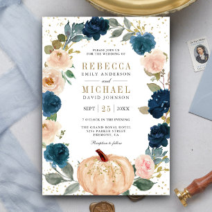 Rustic Navy Blue and Peach Floral Pumpkin Wedding Invitation