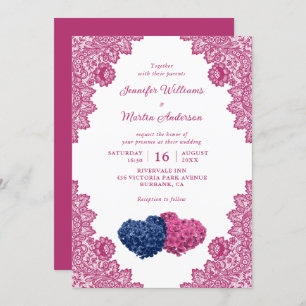 Rustic Navy Blue and Pink Lace Wedding Invitation