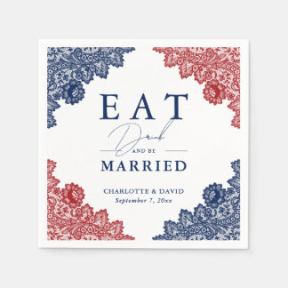 Rustic Navy Blue and Red Floral Lace Wedding Napkin