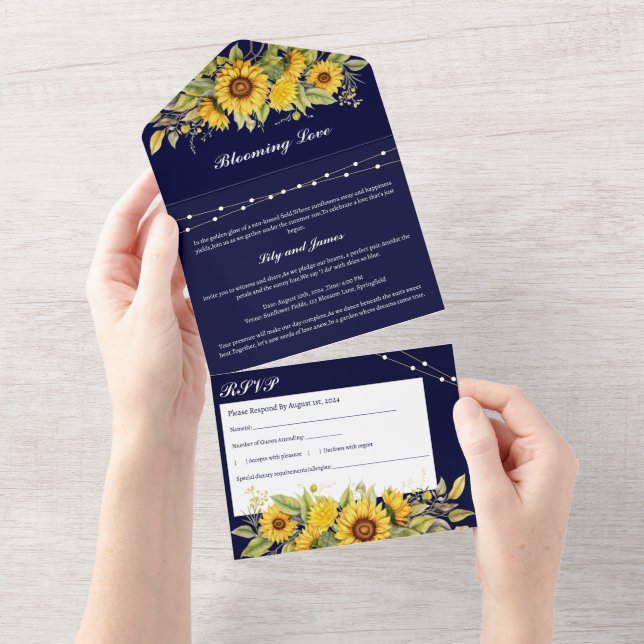 Rustic Navy Blue And Sunflower  Wedding All In One Invitation (Tearaway)