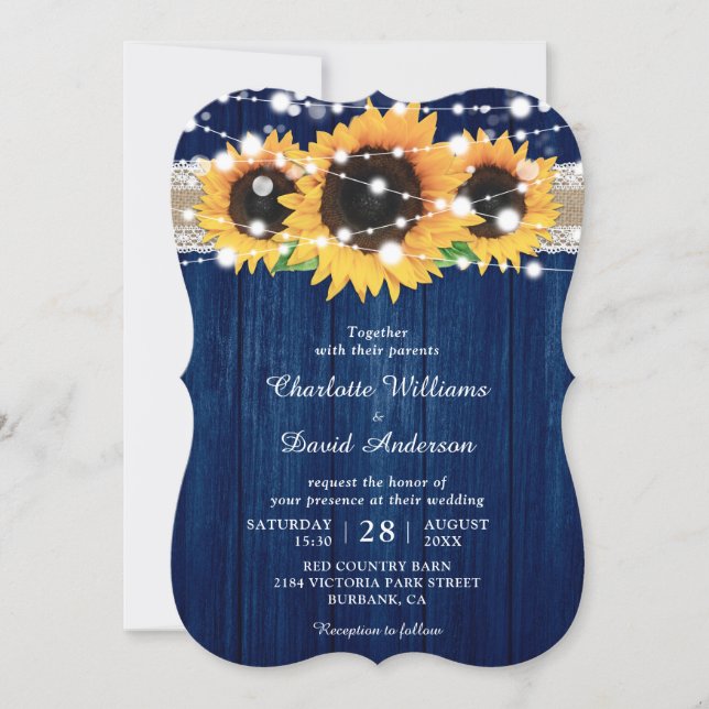 Rustic Navy Blue and Sunflower Wedding Invitations (Front)