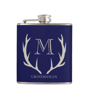 Rustic Navy Blue Antler Custom Groomsmen Gift Hip Flask