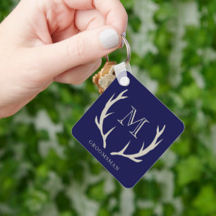 Rustic Navy Blue Antler Custom Groomsmen Gift Key Ring