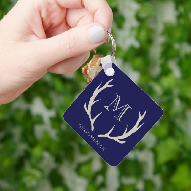 Rustic Navy Blue Antler Custom Groomsmen Gift Key Ring (Hand)