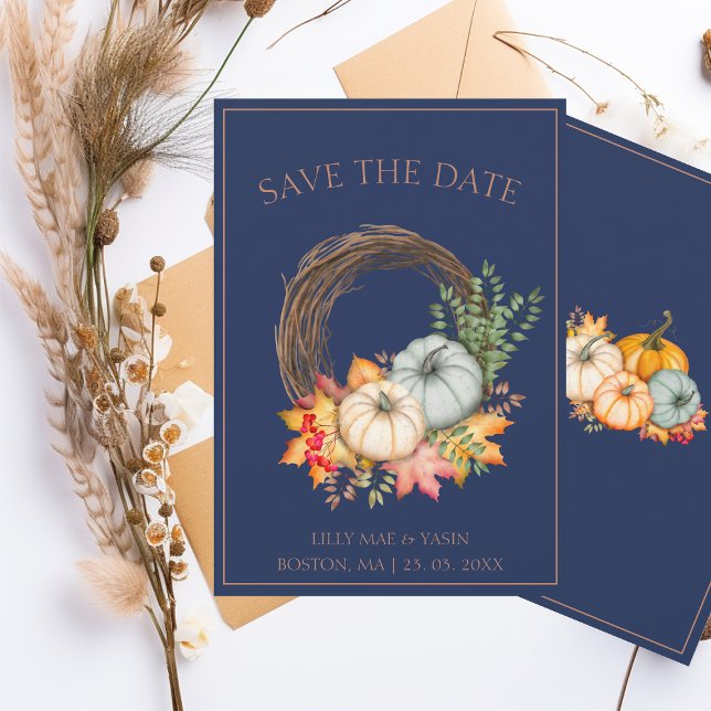 Rustic Navy Blue Autumn Fall Pumpkins Wedding Save The Date (Creator Uploaded)