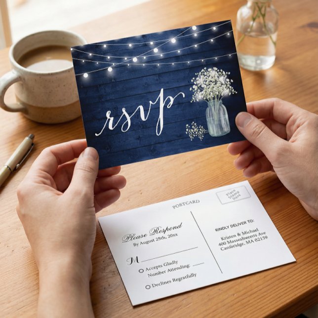 Rustic Navy Blue Baby's Breath String Lights RSVP Invitation Postcard (Creator Uploaded)