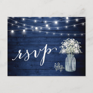 Rustic Navy Blue Baby's Breath String Lights RSVP Invitation Postcard