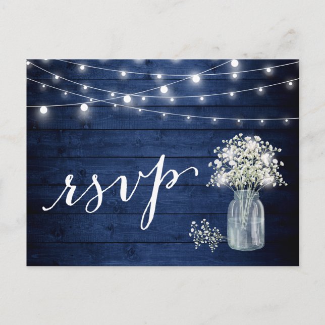Rustic Navy Blue Baby's Breath String Lights RSVP Invitation Postcard (Front)