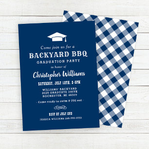 Rustic Navy Blue Backyard BBQ Graduation Party Invitation