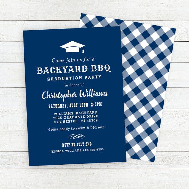 Rustic Navy Blue Backyard BBQ Graduation Party Invitation (Creator Uploaded)