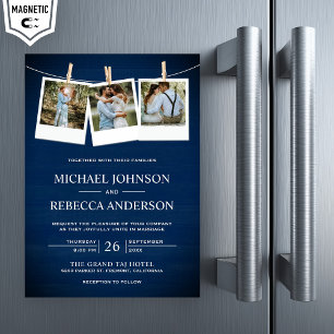Rustic Navy Blue Barn Wood Photo Collage Wedding Magnetic Invitation