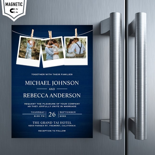 Rustic Navy Blue Barn Wood Photo Collage Wedding Magnetic Invitation (Creator Uploaded)