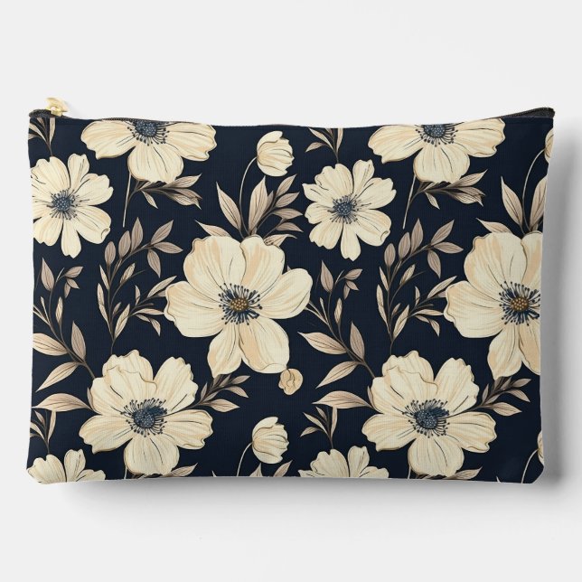 Rustic Navy Blue Beige Wildflower Meadow Dark Flor Accessory Pouch (Front)