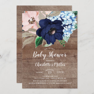 Rustic Navy Blue & Blush Floral Baby Shower Invitation