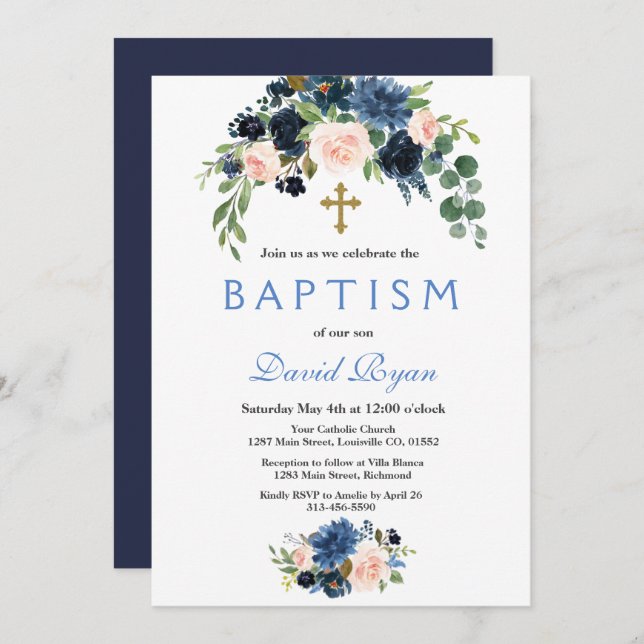 Rustic Navy Blue Blush Flowers Bloom Baptism Invitation (Front/Back)