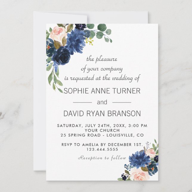 Rustic Navy Blue Blush Flowers Bloom Wedding Invitation (Front)