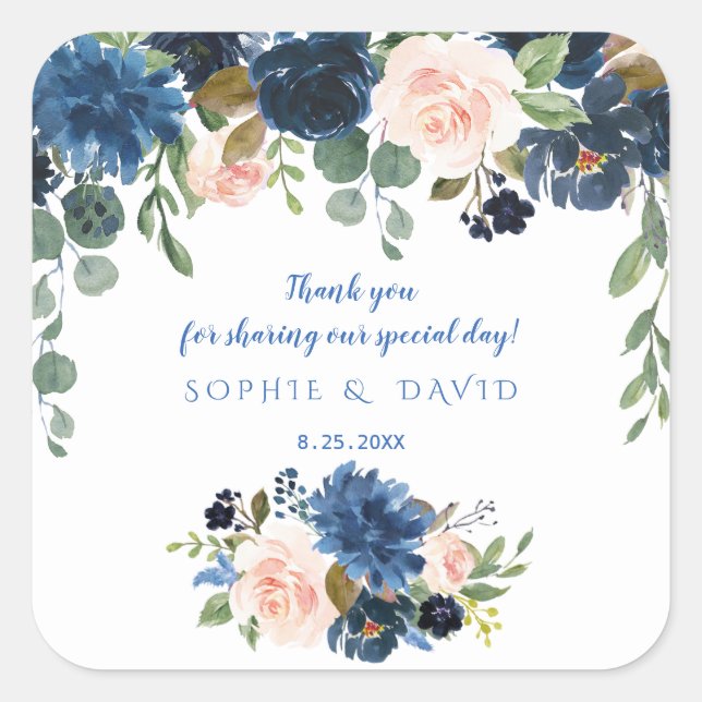 Rustic Navy Blue Blush Flowers Bloom Wedding Square Sticker (Front)