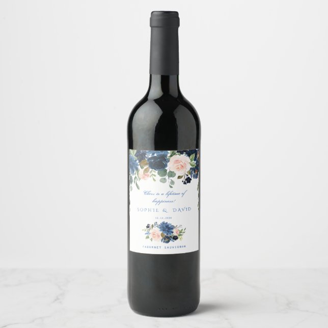 Rustic Navy Blue Blush Flowers Bloom Wedding Wine Label (Front)