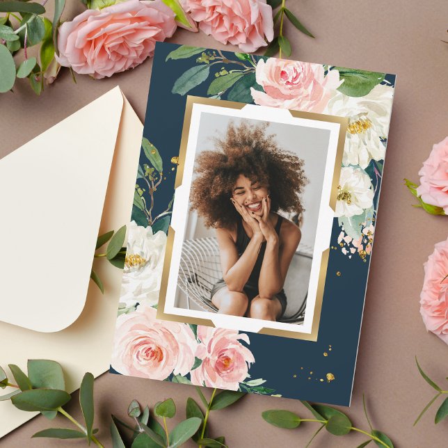 Rustic Navy Blue & Blush Pink Floral Gold Frame  Invitation (Creator Uploaded)